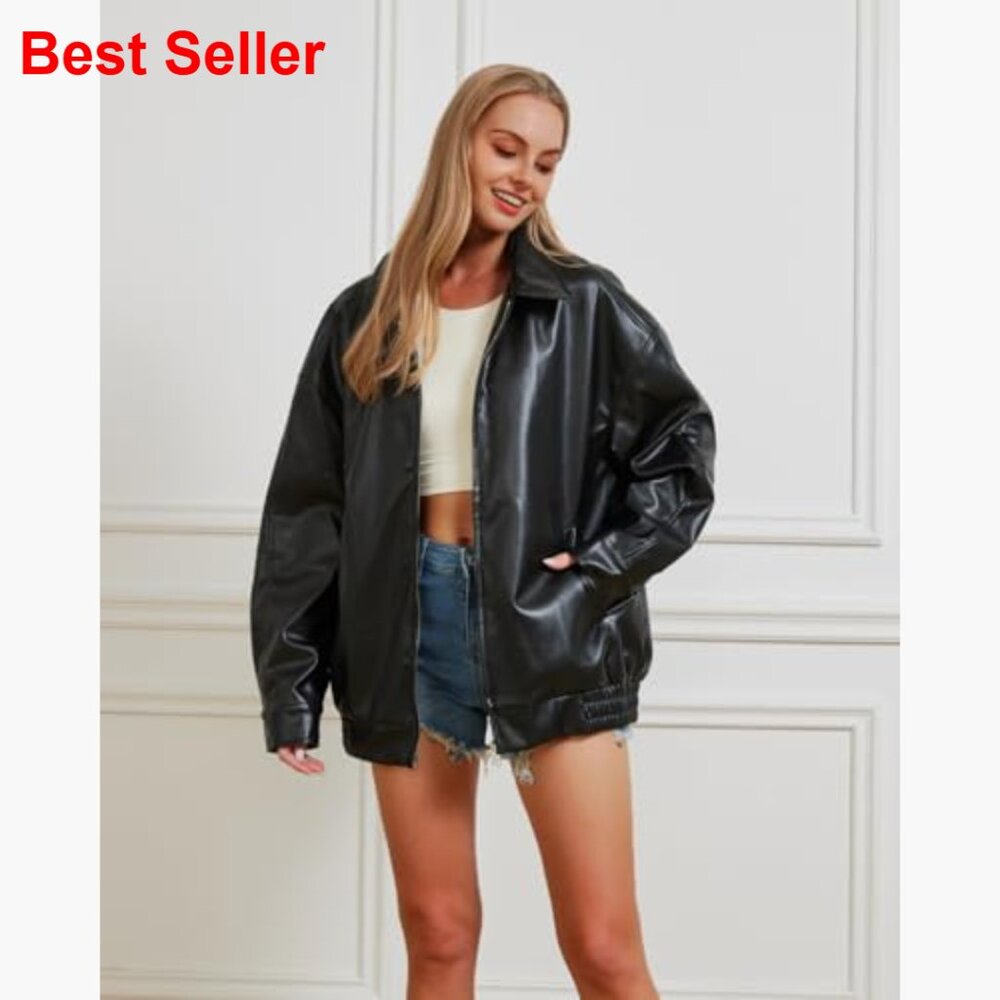 Oversized Faux Leather Jacket Women Motorcycle Coat Fall Winter - Picture 2 of 7